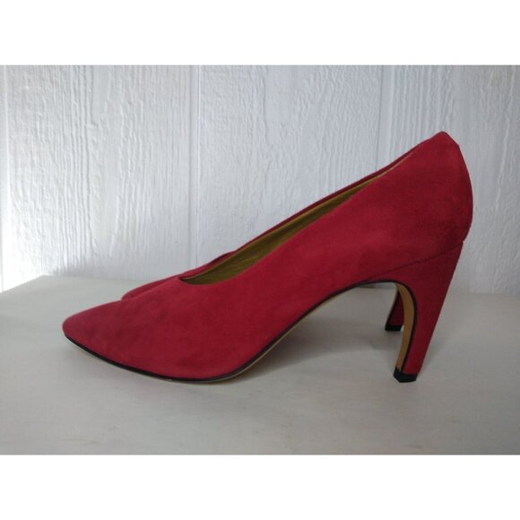 Via Spiga Women 9.5 B Red Suede Curved 3.5" Heel Pumps Leather Pointed Toe Italy - Picture 3 of 9